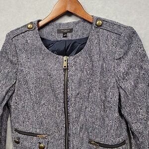 ANN TAYLOR Collarless Blazer Navy White Tweed Zip Up Long Sleeve Sz 10 Military